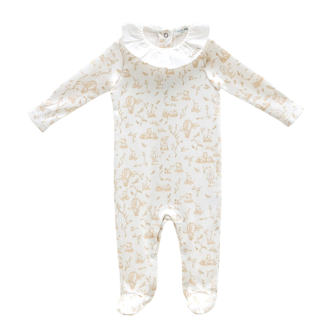 Toile De Jouy Footed Onesie - Beige
