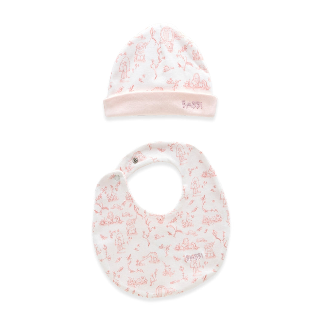 Toile De Jouy Hat & Bib - Pink