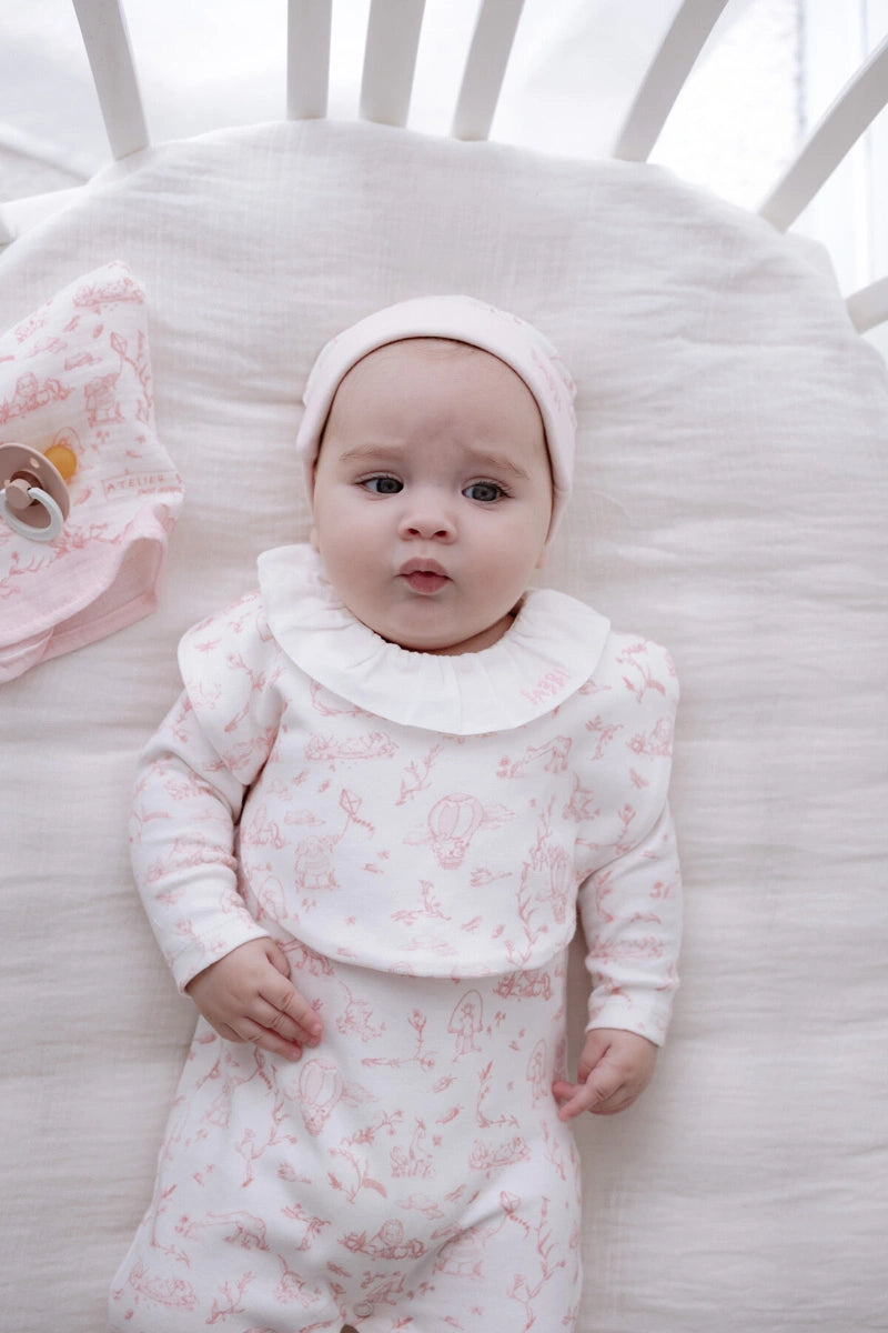 Toile De Jouy Hat & Bib - Pink