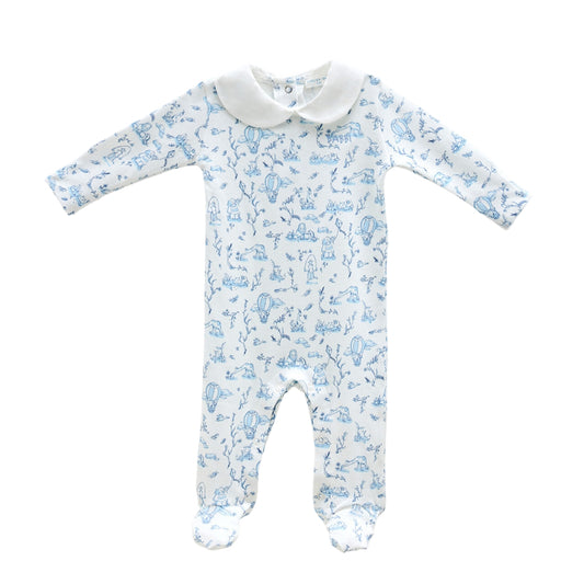 Toile De Jouy Footed Onesie - Blue