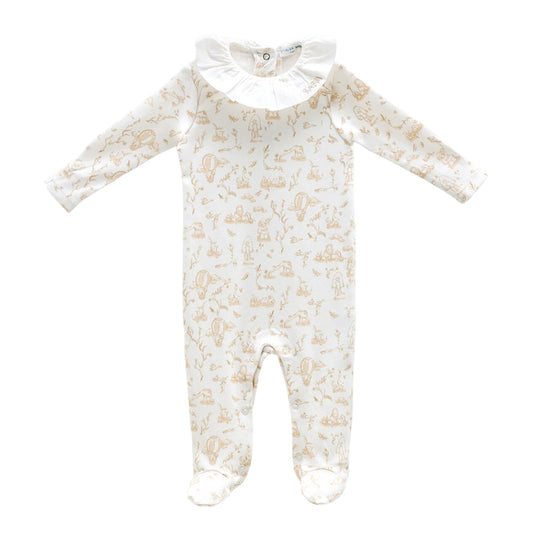 Toile De Jouy Footed Onesie - Beige