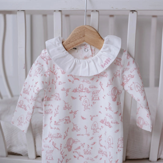 Toile De Jouy Footed Onesie - Pink